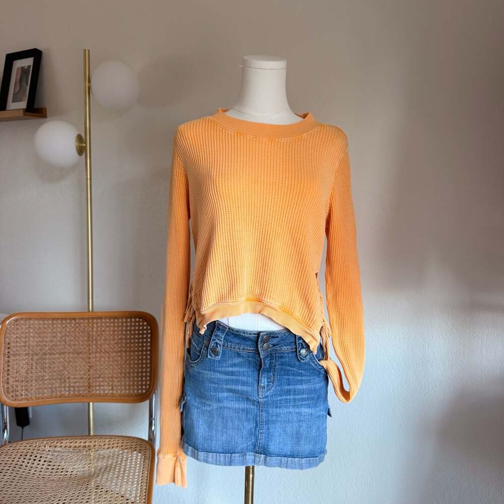 Free People Interlaken Orange Creamsicle Thermal Side-Tie Pullover